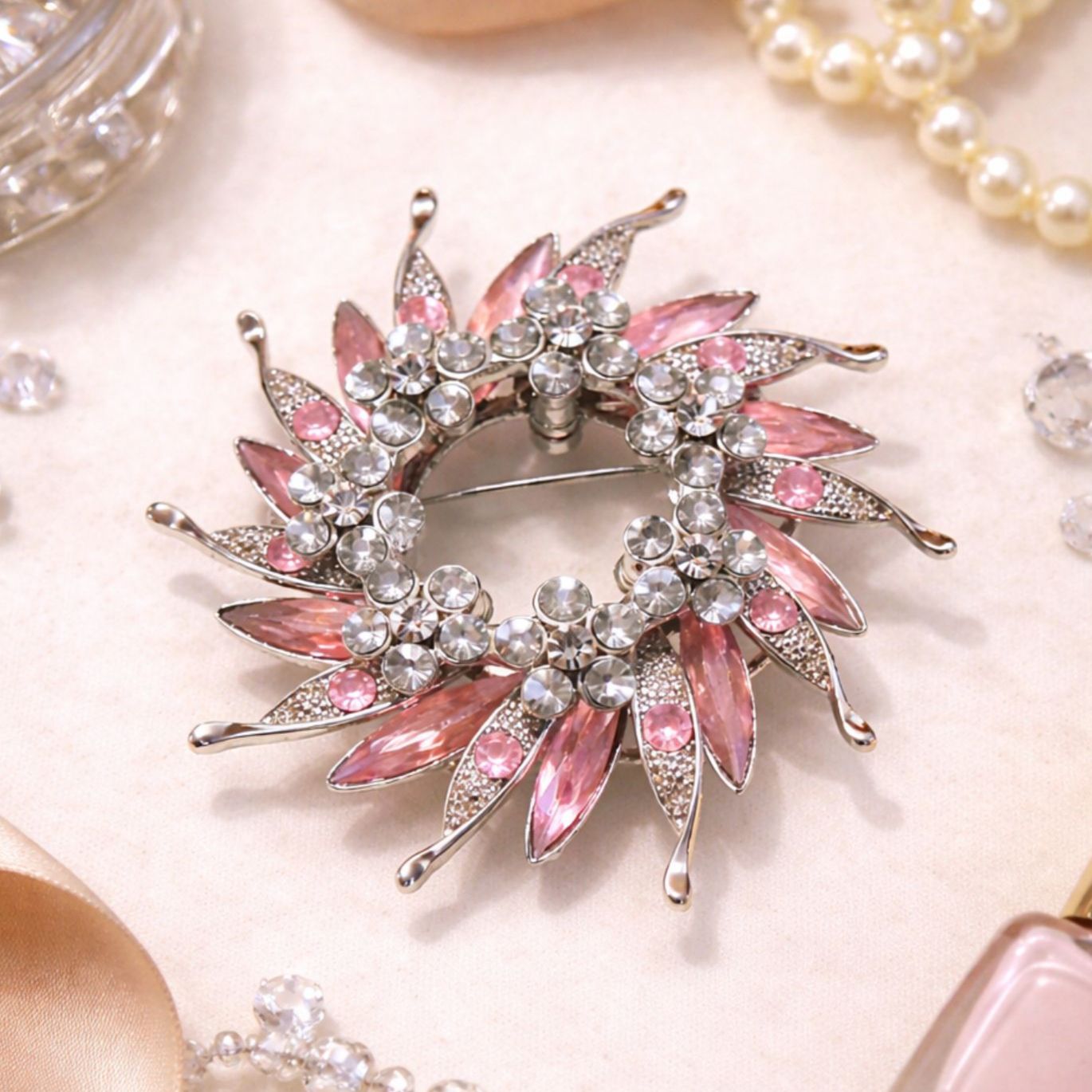 Vintage Pink White Rhinestone Pinwheel Brooch/Pendant